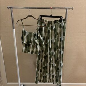 SHEIN Summer Green Brushstroke Wide Leg Pants & Crop Top Set